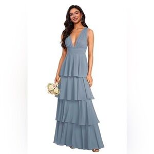 Tiered Ruffles Bridesmaid Dresses Long for Women Chiffon Size 8